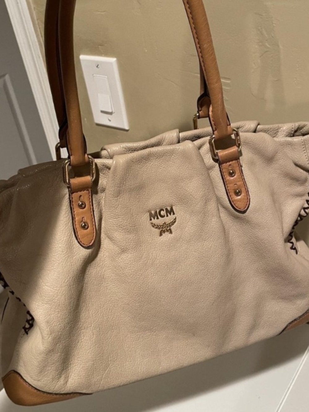 Vintage MCM Leather Tote Bag Authentic Monogram Lined Designer Shoulder Bag